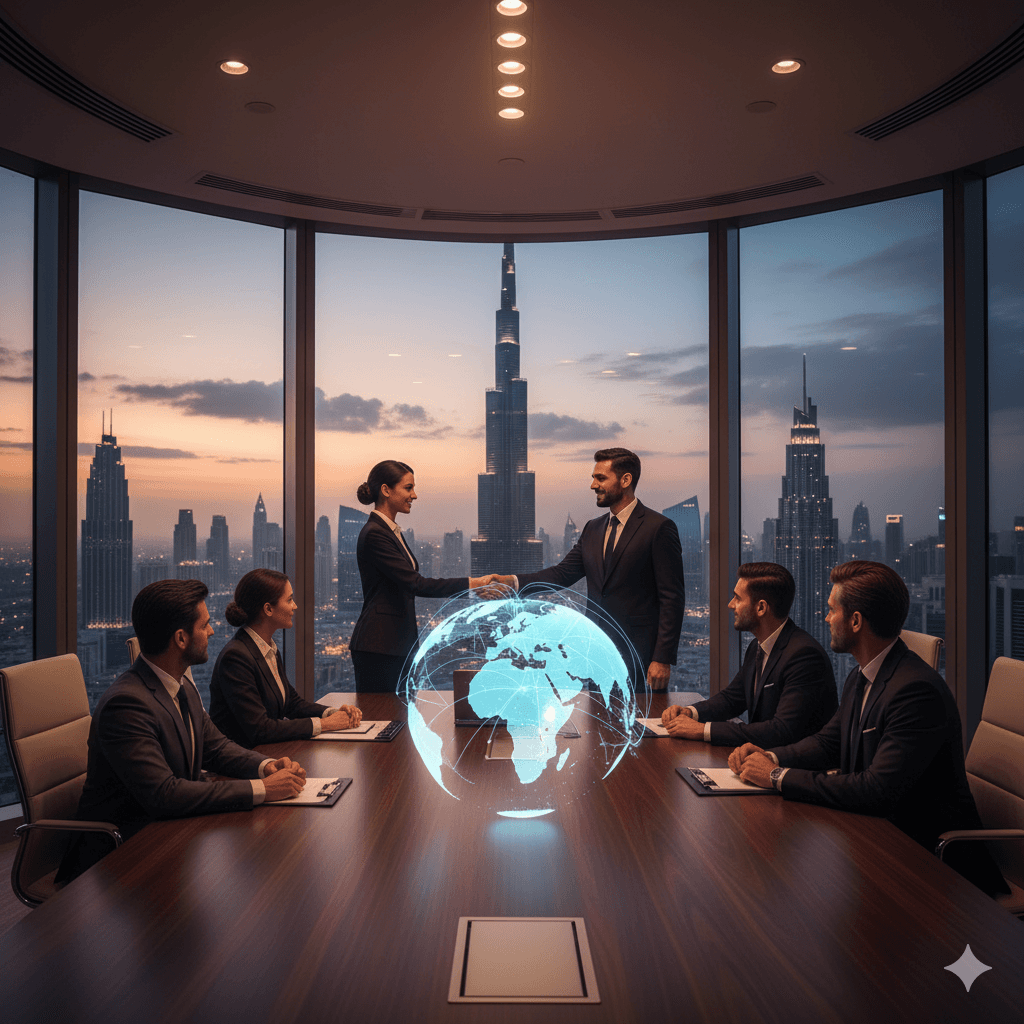 Consultants shaking hands over a globe with the Dubai skyline